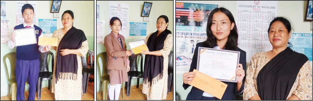 Childline 1098, Mokokchung, organised an online slam poetry competition, under the theme, ‘Our time is now, our rights, our future.’ (From Left to Right)  Seen in the picture are Arenmongba Longchar, class-11, Town Higher Secondary School; Tiajungla, class-11, NI Jamir Higher Secondary School; and Maongkla, 5th Semester, Jubilee Memorial College, who were adjudged 1st, 2nd and 3rd place winners respectively. The winners were awarded cash prizes along with certificates and the other participants were also acknowledged with certificates of participation which were handed out by Imsuwapangla Pongener, Director, Care & Support Society, Mokokchung at C&SS office on October 11. The competition was held for Higher Secondary and College students wherein, 13 students participated.